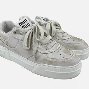 Miu Miu White Bleached Leather Lace Up Sneaker